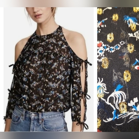 Veronica Beard Flynn Cold-Shoulder Floral Metalic Print Silk Blouse Size 2 - Picture 1 of 15
